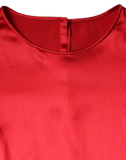 Dolce & Gabbana Red Satin Lace Trim Round Neck Blouse Top