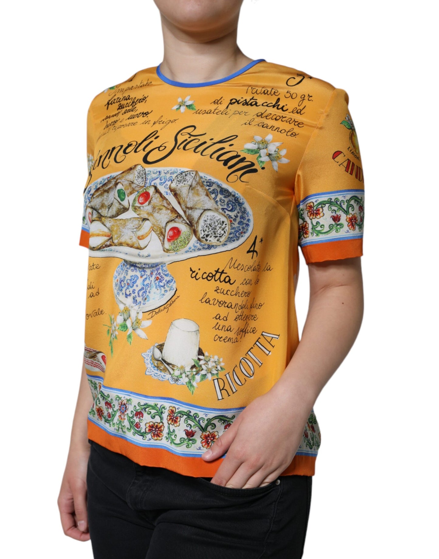 Dolce & Gabbana Orange Silk Cannoli Siciliana Print Short Sleeves Top