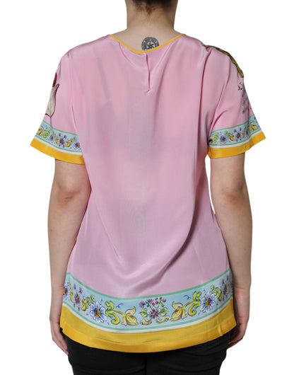 Dolce & Gabbana Pink Silk Araneine Siciliana Print Short Sleeves Top