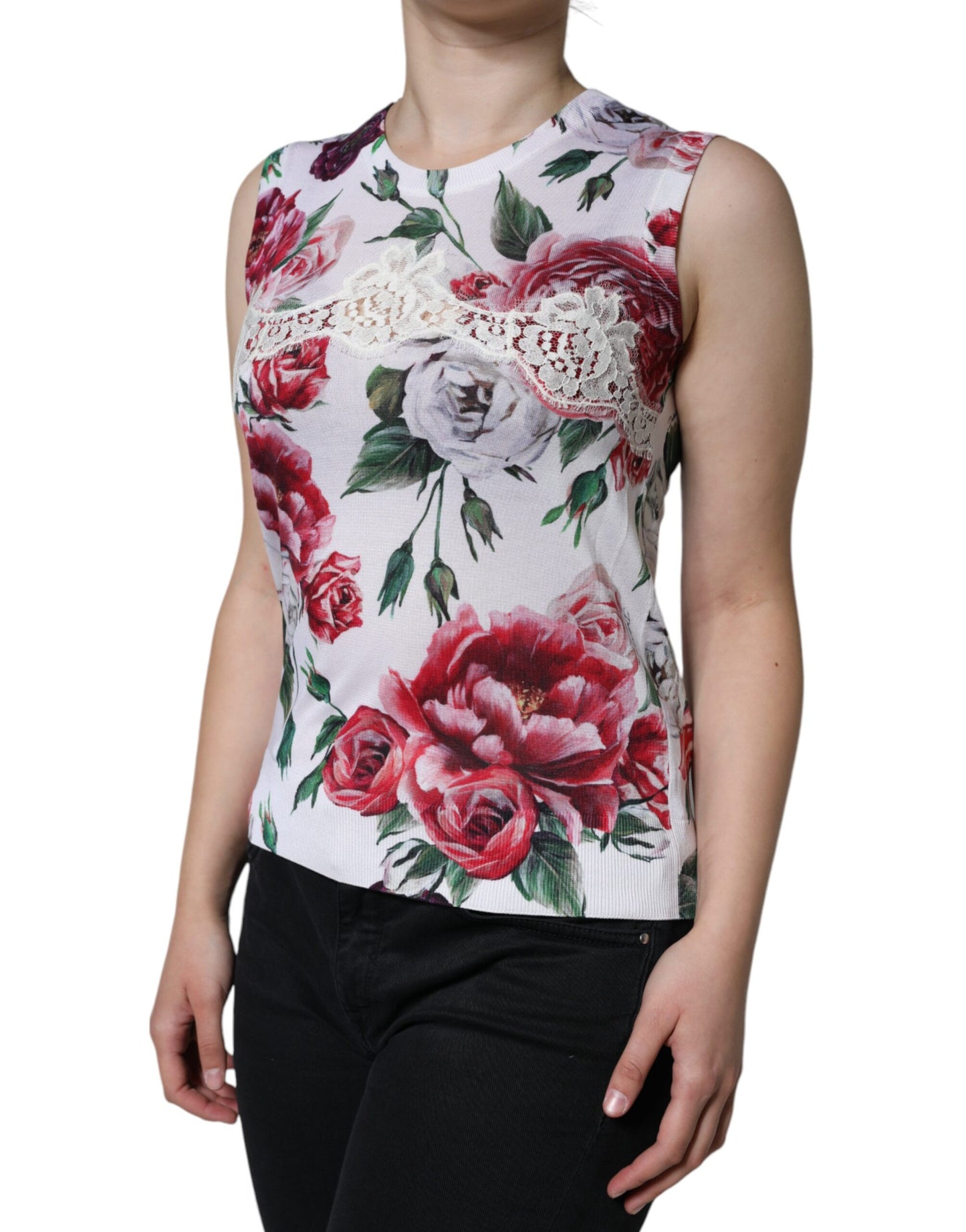 Dolce & Gabbana White Floral Lace Silk Sleeveless Tank Top