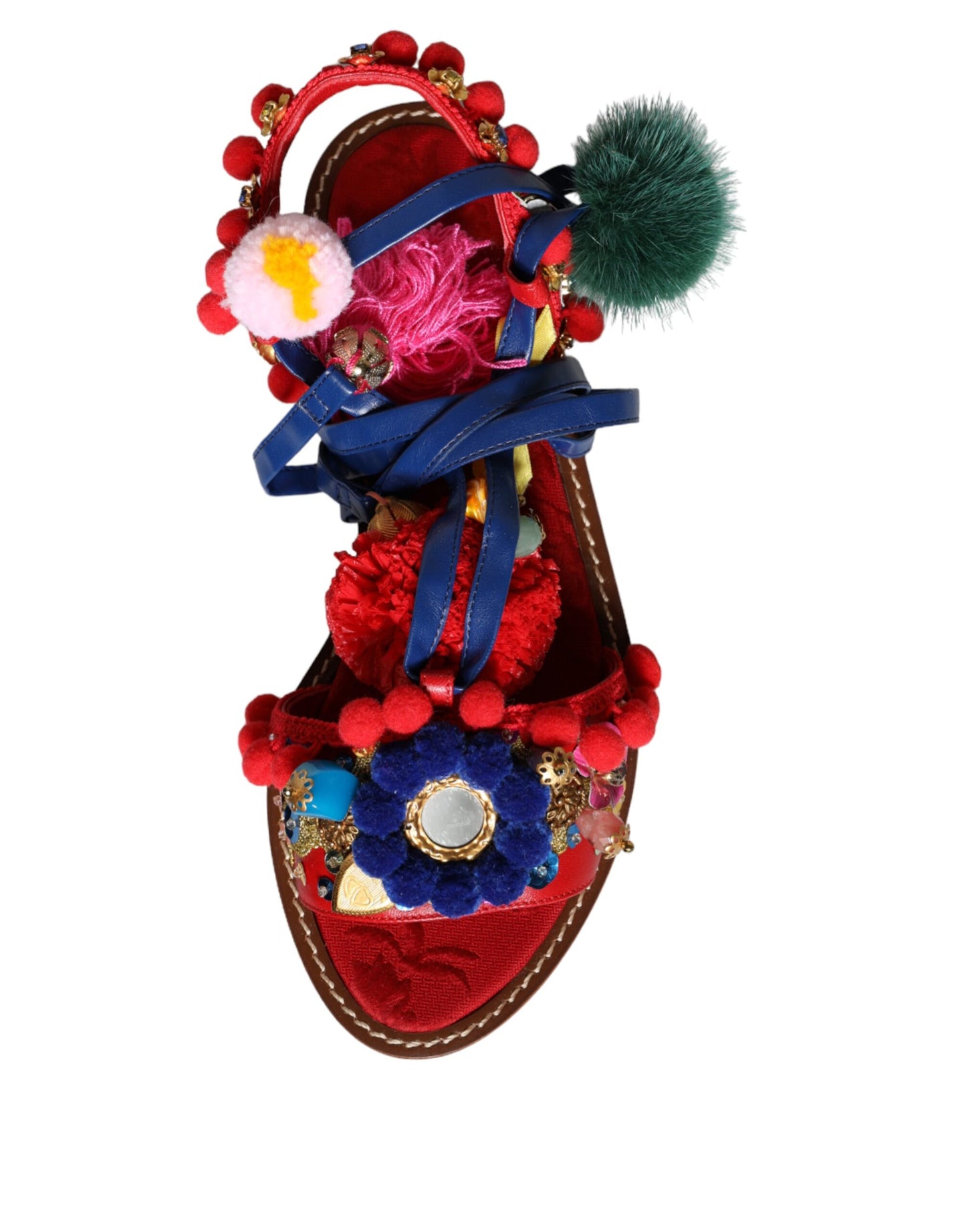 Dolce & Gabbana Multicolor Pom Pom Fur Wrap Sandals Shoes