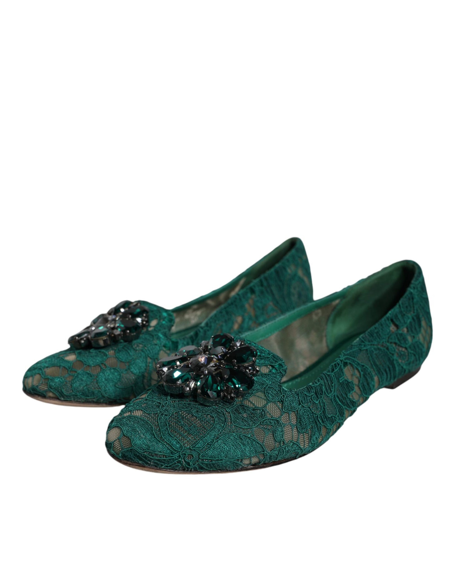 Dolce & Gabbana Green Lace Crystal Ballet Flats Loafers Shoes