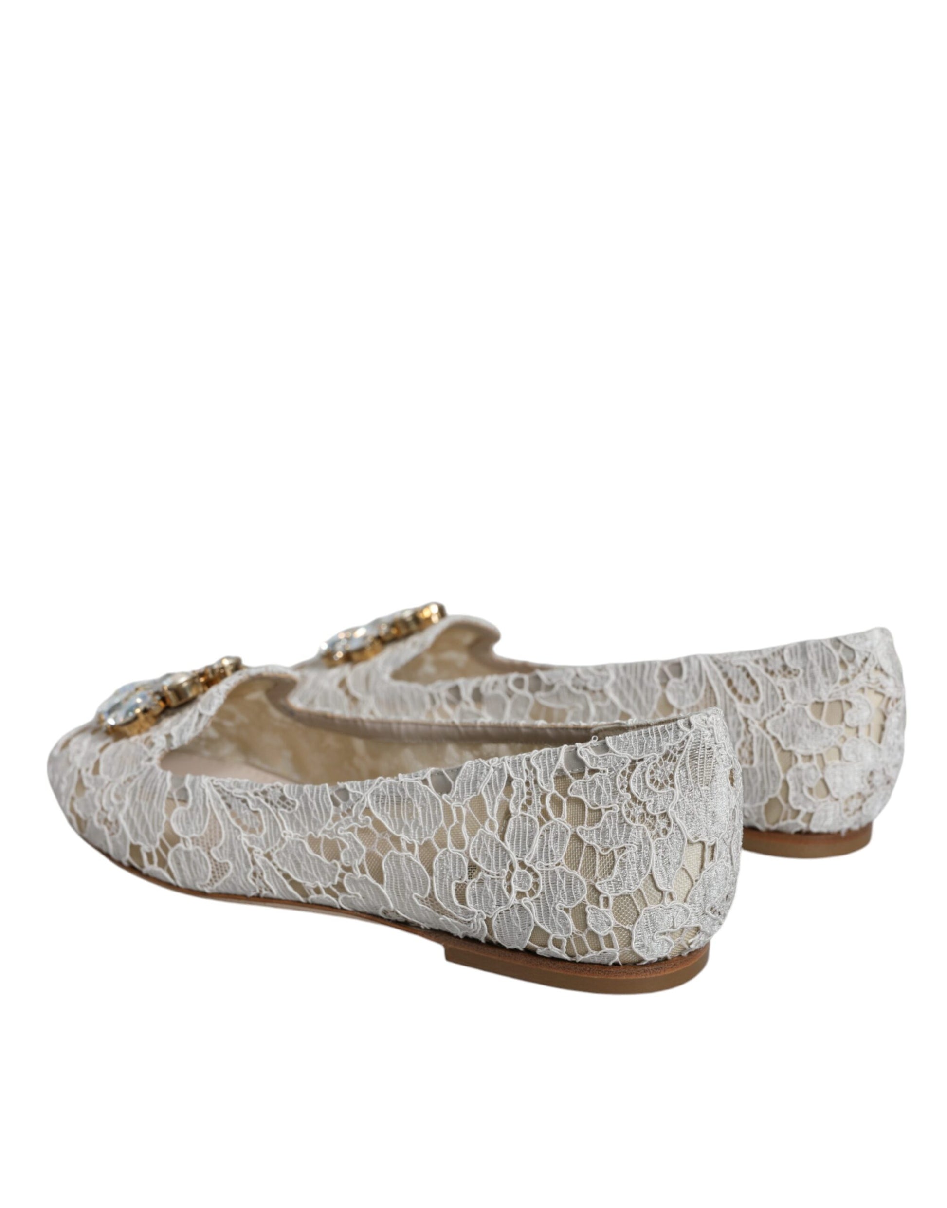 Dolce & Gabbana White Lace Crystal Ballet Flats Loafers Shoes