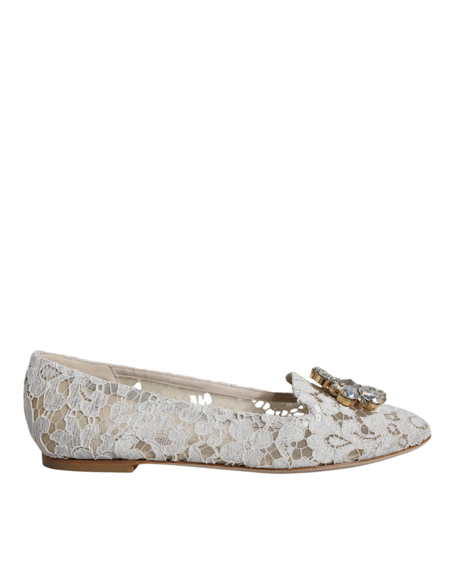 Dolce & Gabbana White Lace Crystal Ballet Flats Loafers Shoes