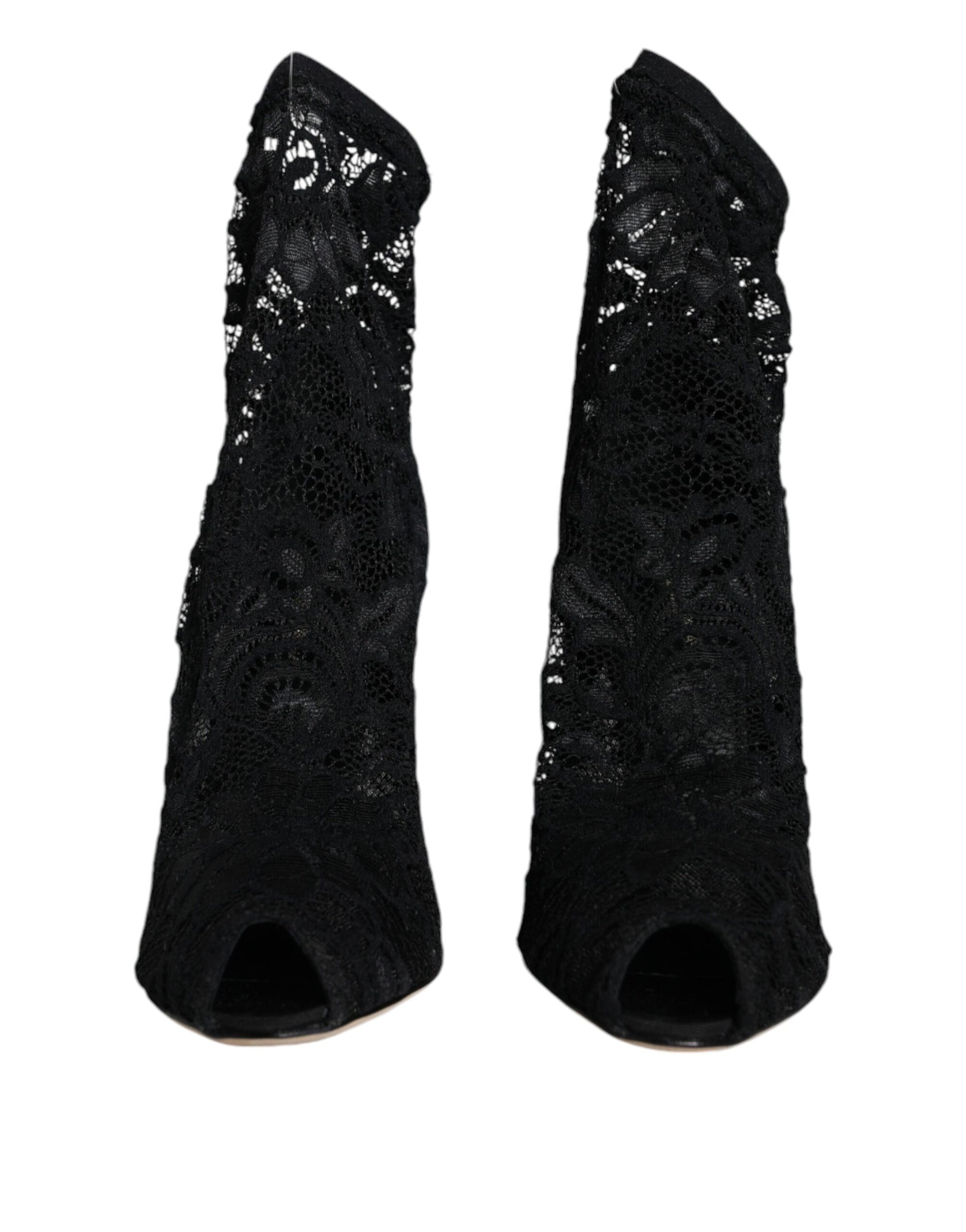 Dolce & Gabbana Black Lace Stretch Heels Mid Calf Boot Shoes