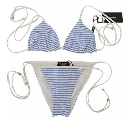 Dolce & Gabbana White Blue Stripes Bikini Top Bottom Beachwear Swimwear