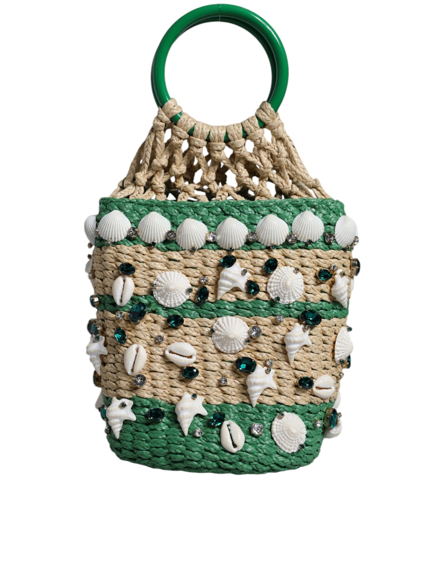 Dolce & Gabbana Beige Green Rafia Seashells Crystal Bucket Bag