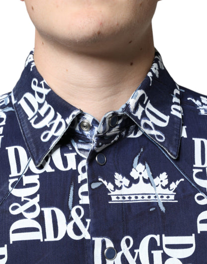 Dolce & Gabbana Blue Crown Logo Print Slim Fit Cotton Shirt