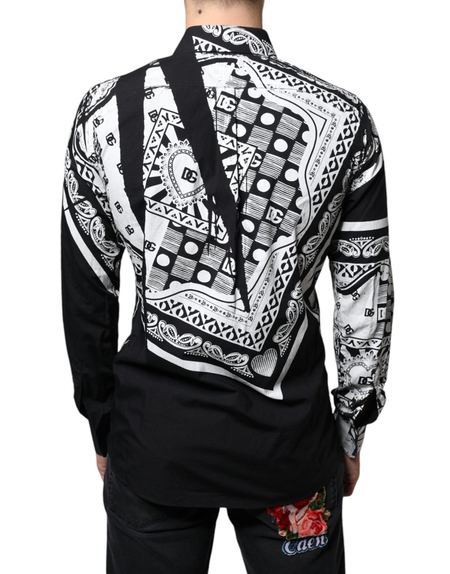 Dolce & Gabbana Black White Bandana Print Slim Cotton Shirt