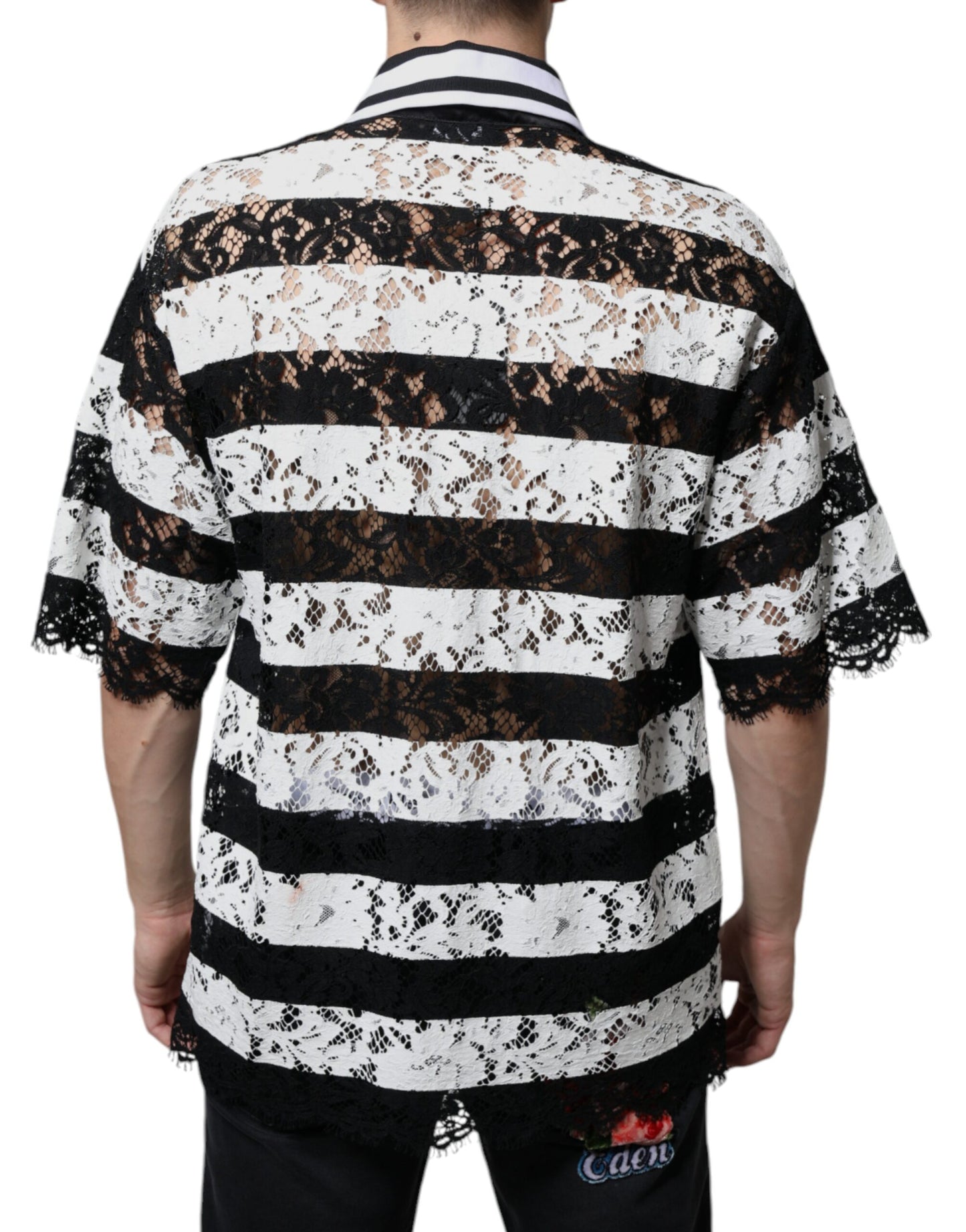 Dolce & Gabbana Black White Stripes Lace Collared Polo T-shirt