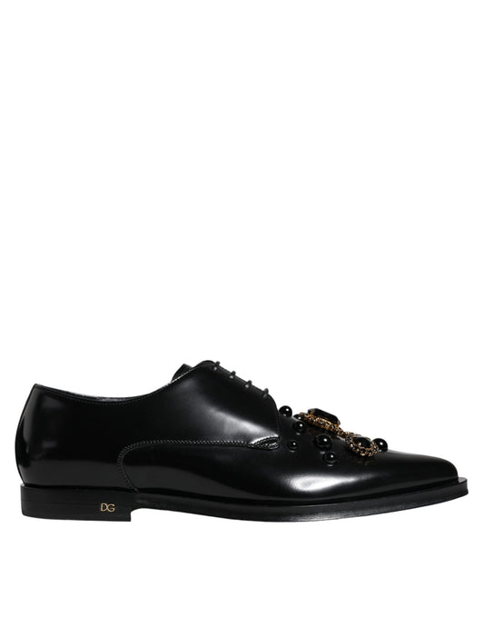 Dolce & Gabbana Black Leather Crystal Lace Up Formal Shoes