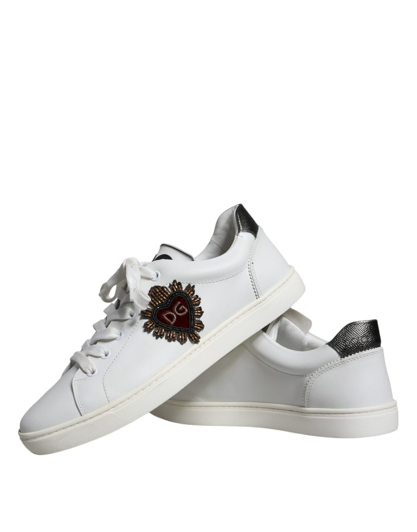 Dolce & Gabbana White Leather Heart Low Top Casual Sneakers Shoes