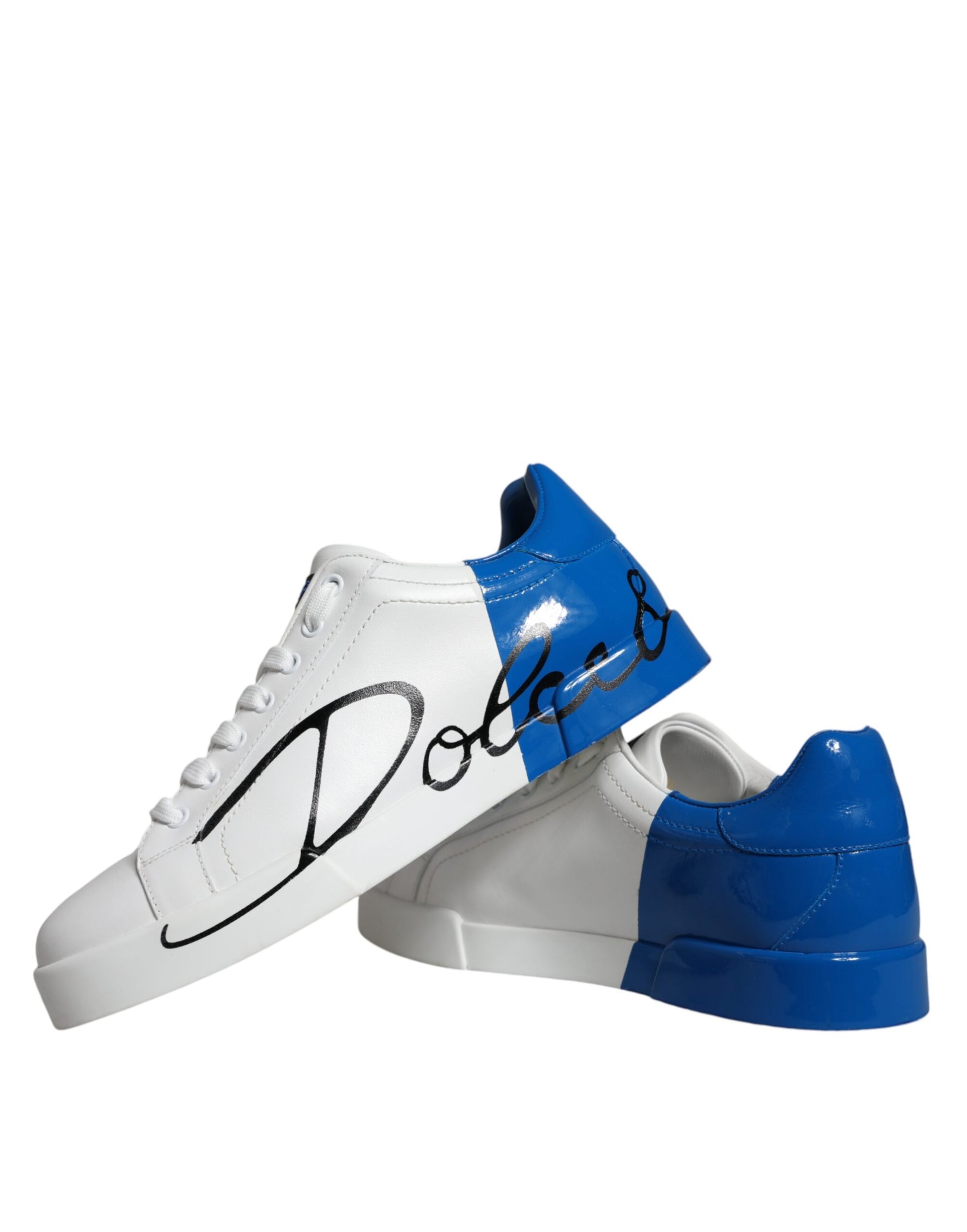 Dolce & Gabbana White Blue Leather Logo Low Top Sneakers Shoes