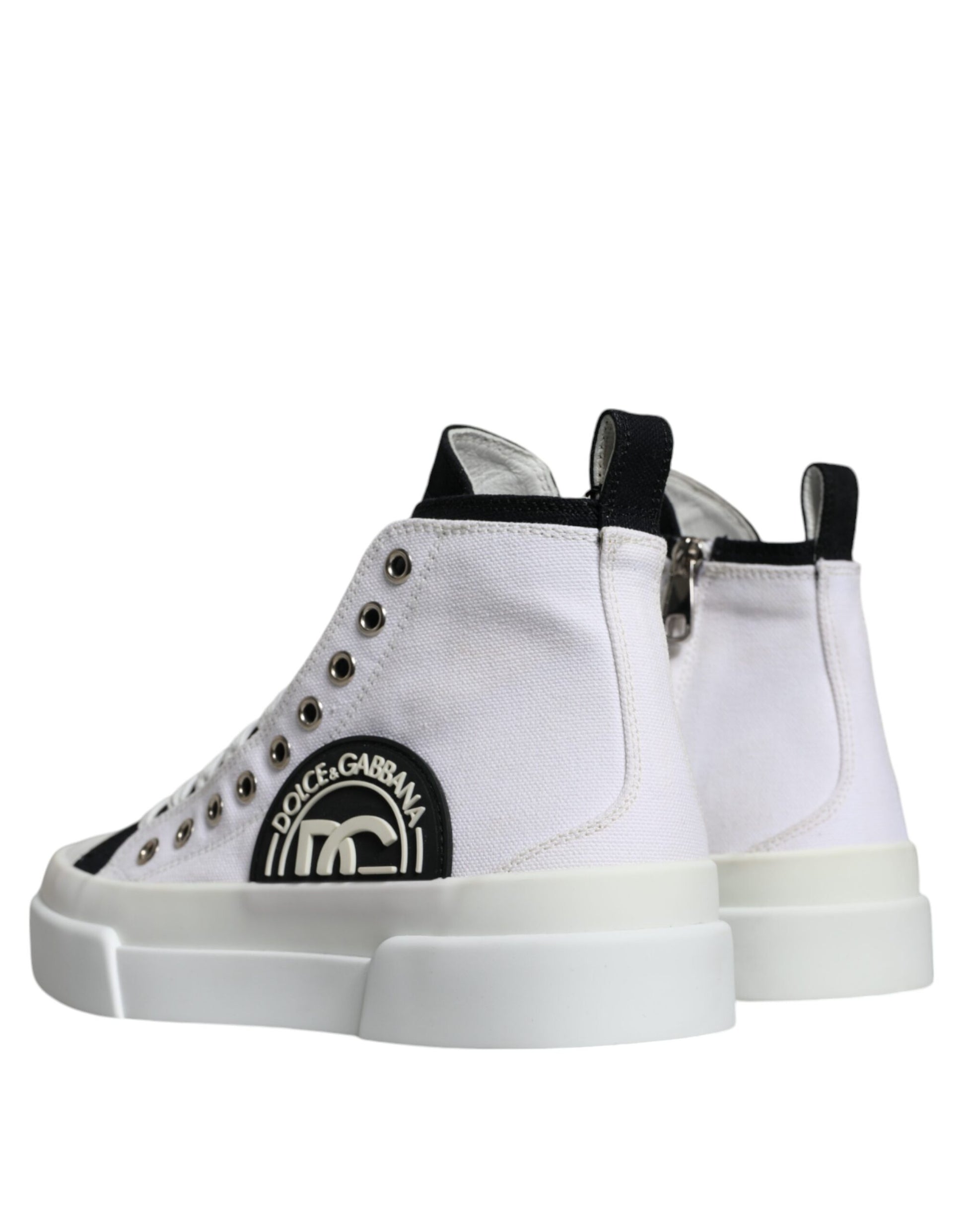 Dolce & Gabbana White Black Cotton Logo High Top Sneaker Shoes