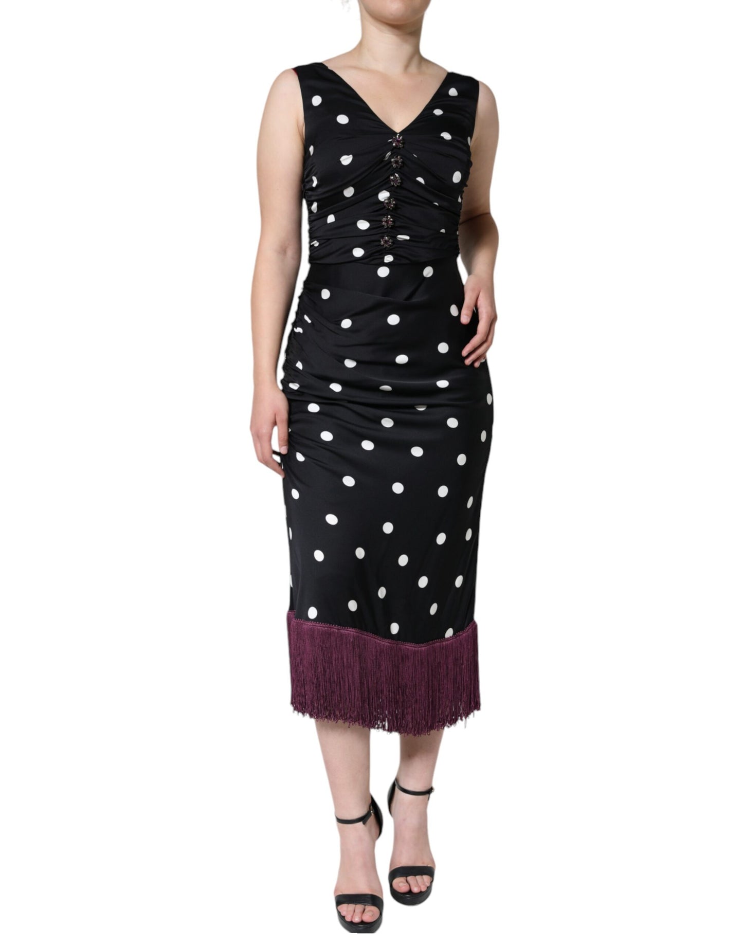 Dolce & Gabbana Black Silk Polka Dot Vneck Tassel Midi Dress