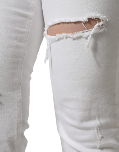 Dolce & Gabbana White Cotton Stretch Tattered Skinny Jeans