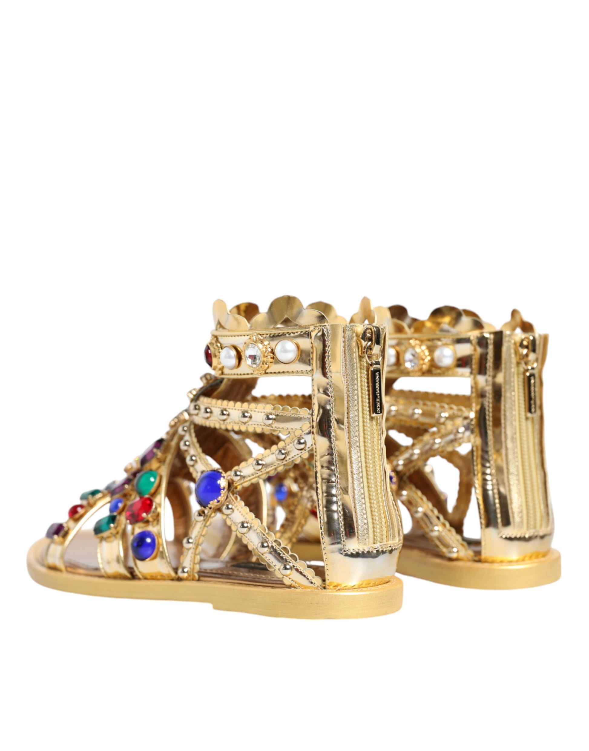 Dolce & Gabbana Gold Leather Crystal Gladiator Sandals Flats Shoes