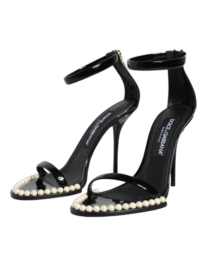 Dolce & Gabbana Black Keira Leather Faux Pearl Sandals Heels Shoes