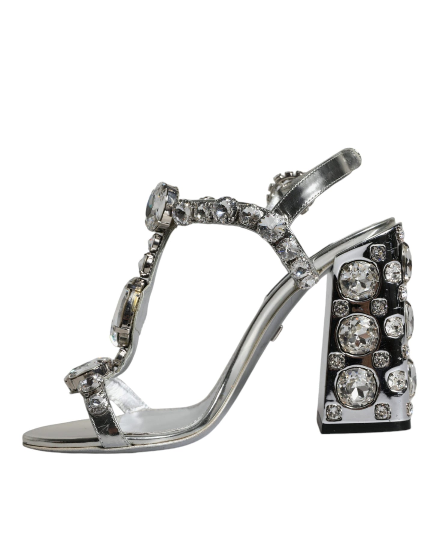 Dolce & Gabbana Silver Leather T-strap Crystal Sandals Shoes