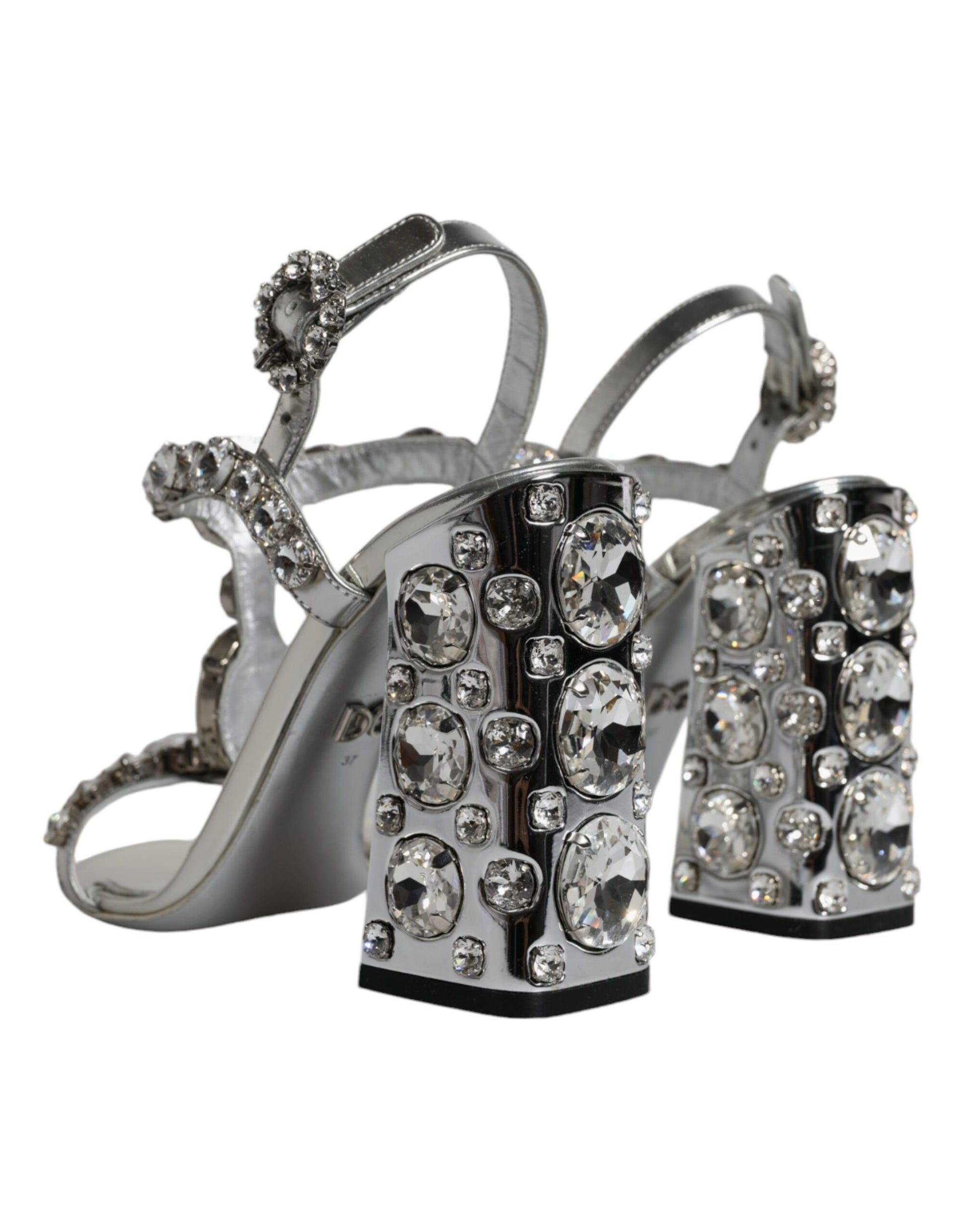 Dolce & Gabbana Silver Leather T-strap Crystal Sandals Shoes