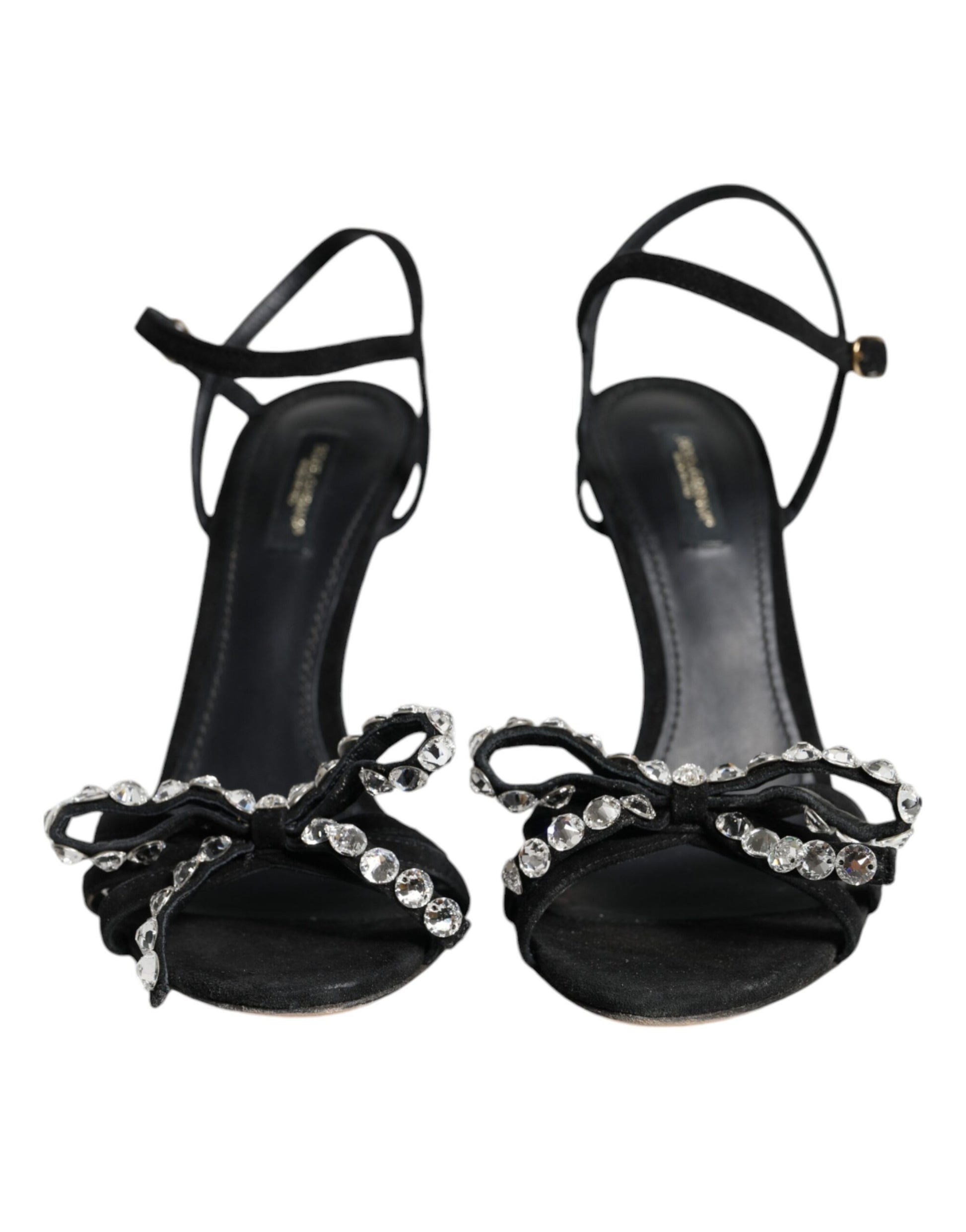 Dolce & Gabbana Black Leather Crystal Bow Heels Sandals Shoes