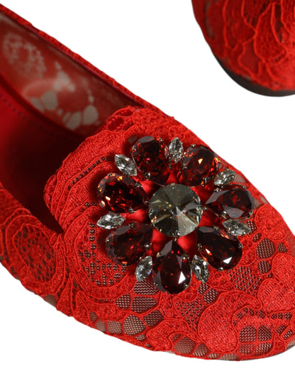 Dolce & Gabbana Red Lace Crystal Ballet Flats Loafers Shoes