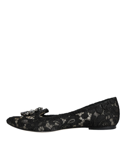 Dolce & Gabbana Black Lace Crystal Ballet Flats Loafer Shoes