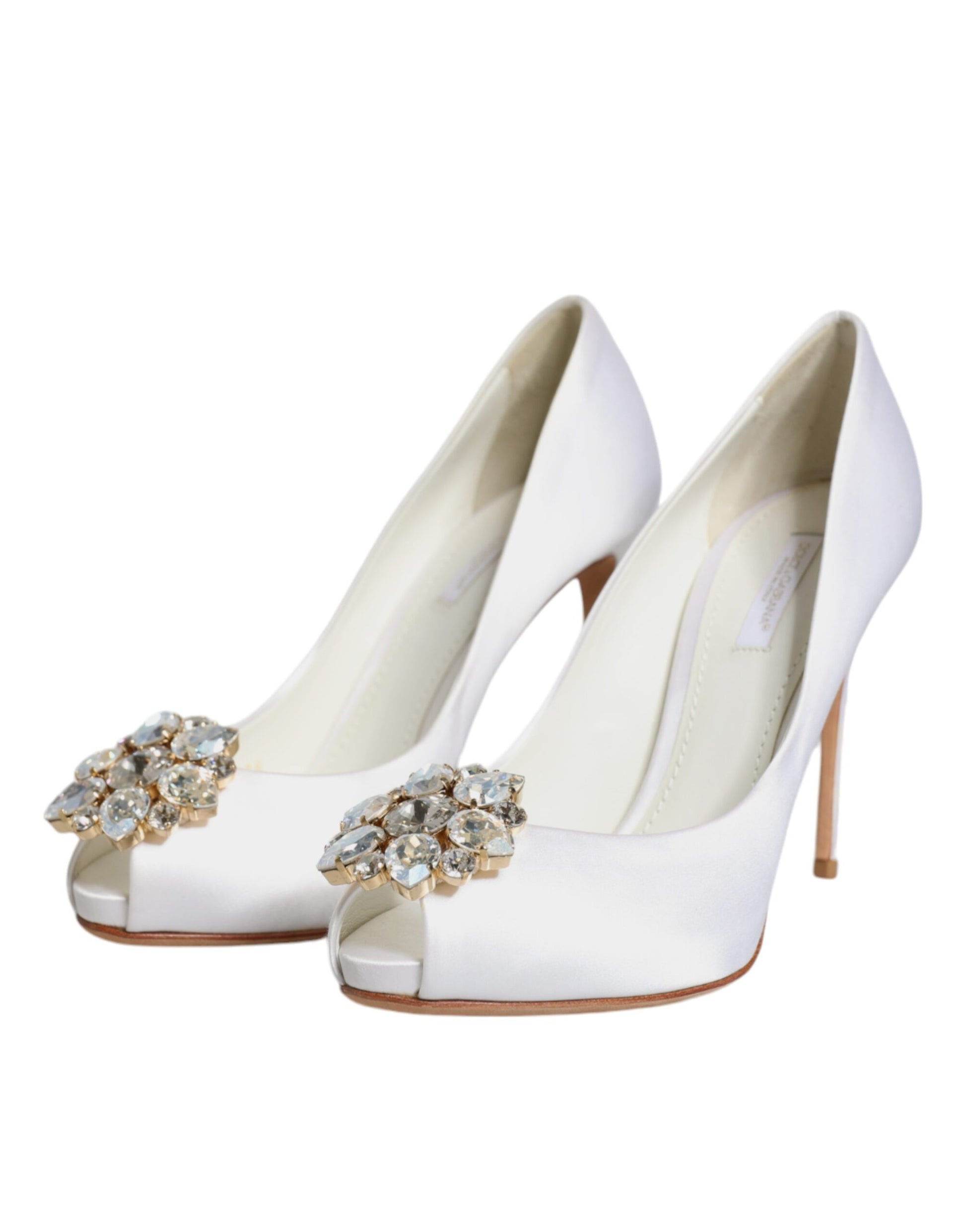 Dolce & Gabbana White Crystals Peep Toe Satin Pumps Shoes