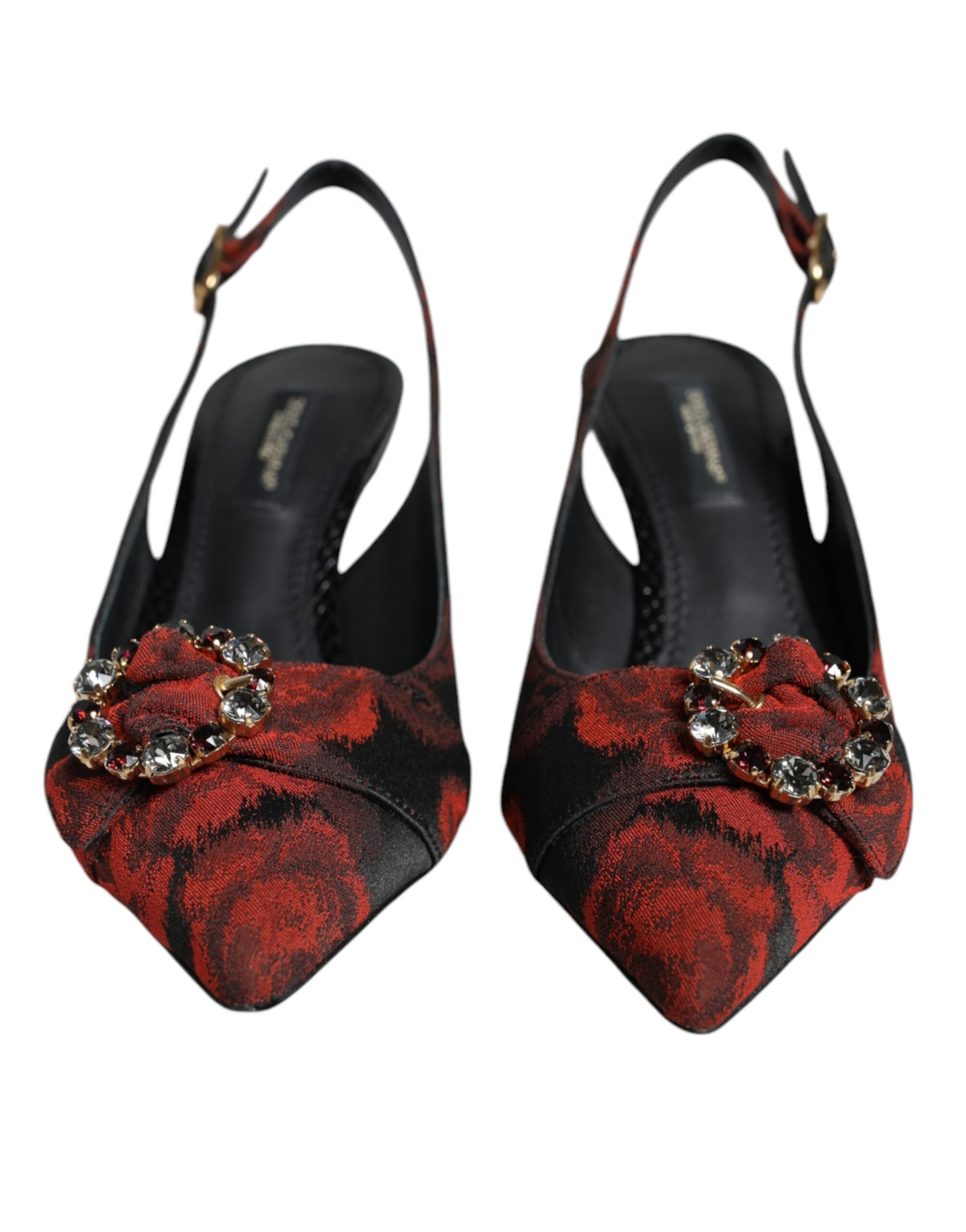 Dolce & Gabbana Black Red Floral Crystal Heel Slingback Shoes