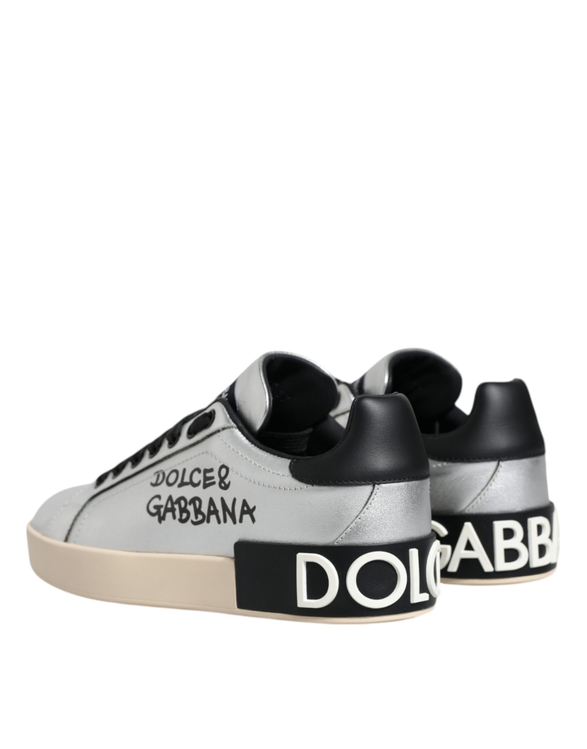 Dolce & Gabbana Silver Calf Leather Portofino Sneakers Shoes