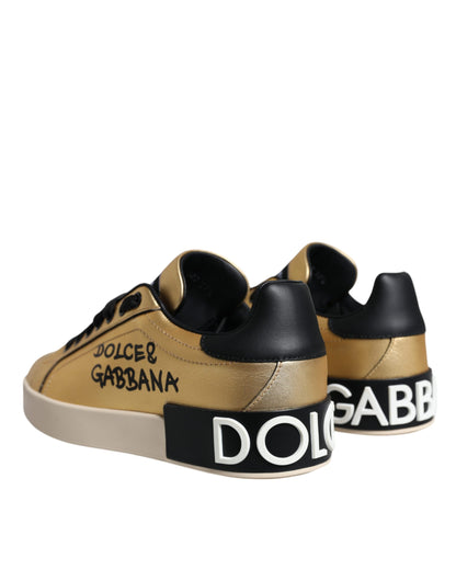 Dolce & Gabbana Gold Portofino Calf Leather Sneakers Shoes