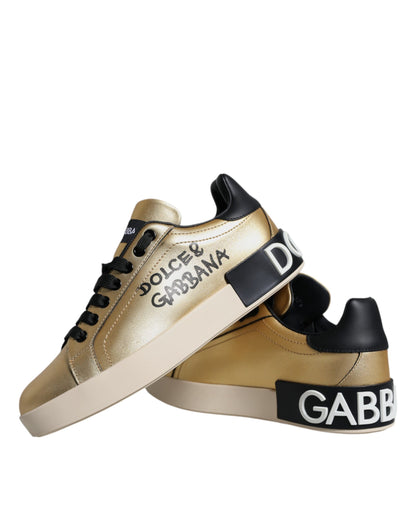 Dolce & Gabbana Gold Portofino Calf Leather Sneakers Shoes