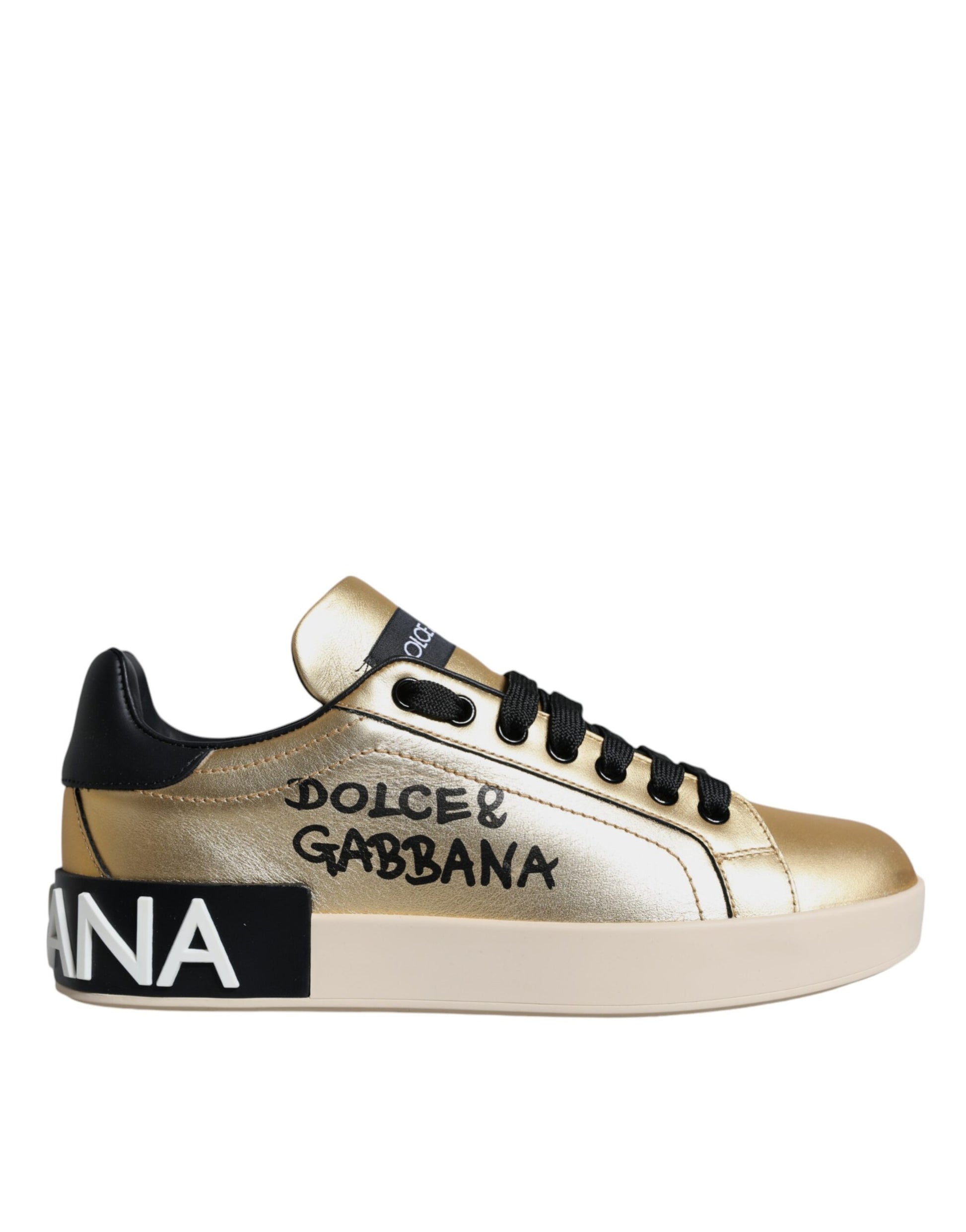 Dolce & Gabbana Gold Portofino Calf Leather Sneakers Shoes