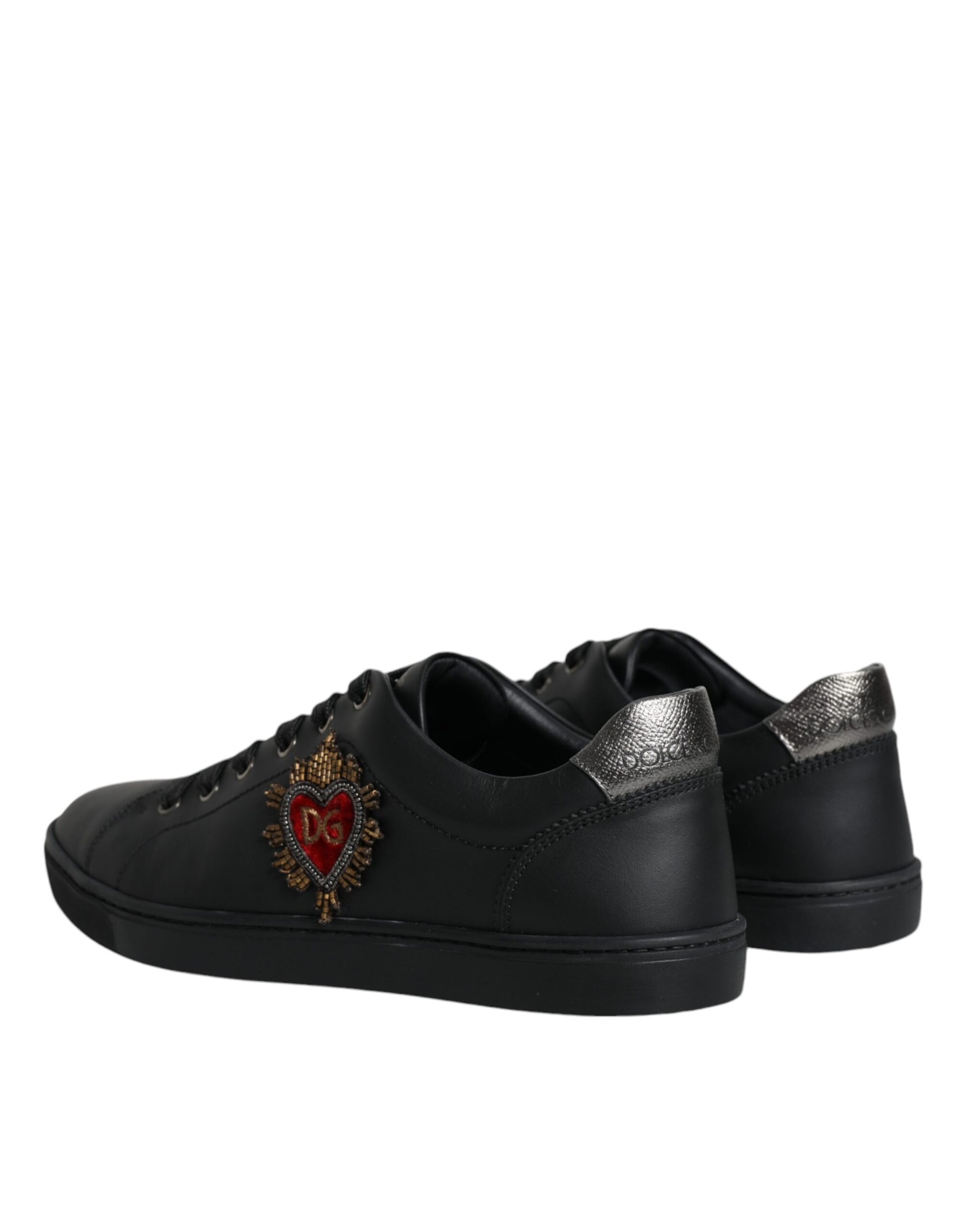 Dolce & Gabbana Black Leather Heart Embellished Sneakers Shoes