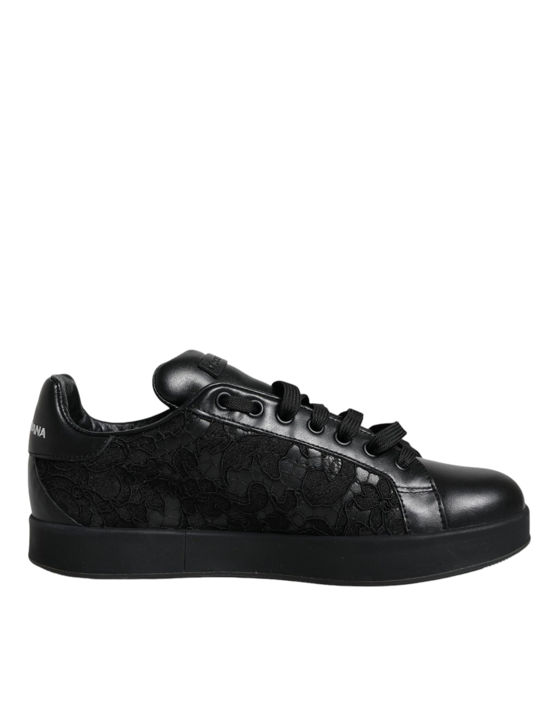 Dolce & Gabbana Black Lace Leather Low Top Sneakers Shoes