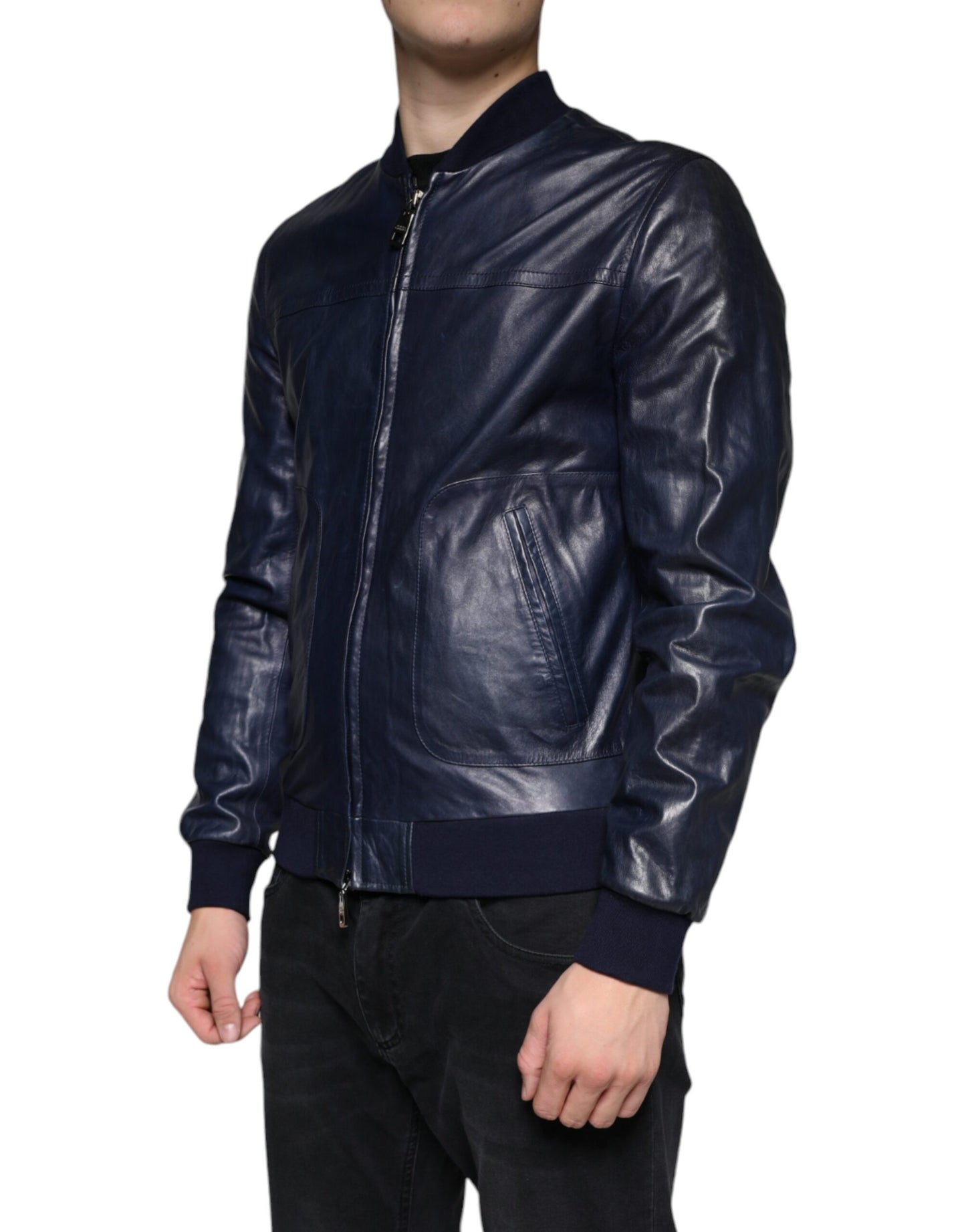 Dolce & Gabbana Blue Lambskin Leather Full Zip Biker Jacket