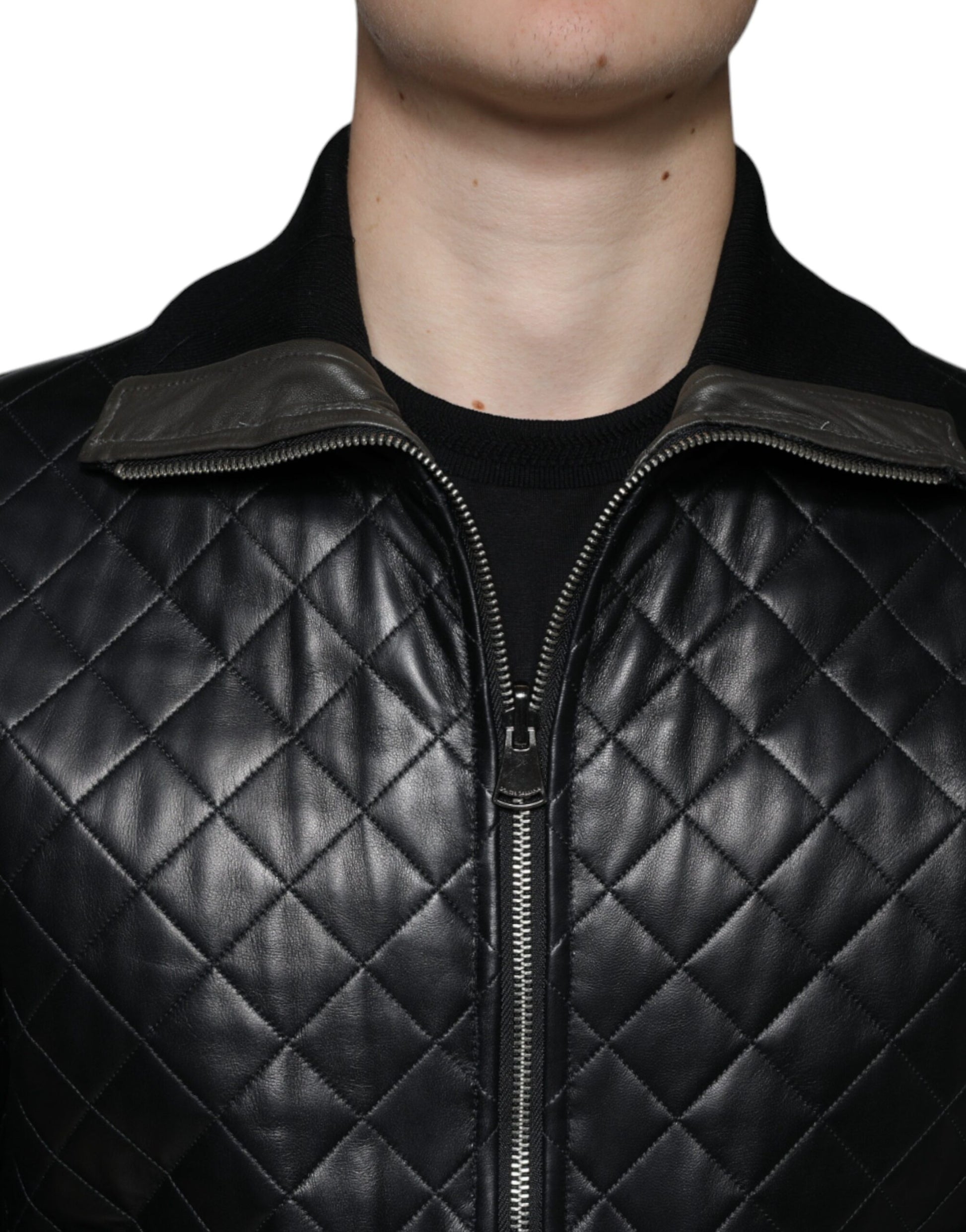 Dolce & Gabbana Black Calf Leather Quilted Full Zip Jacket