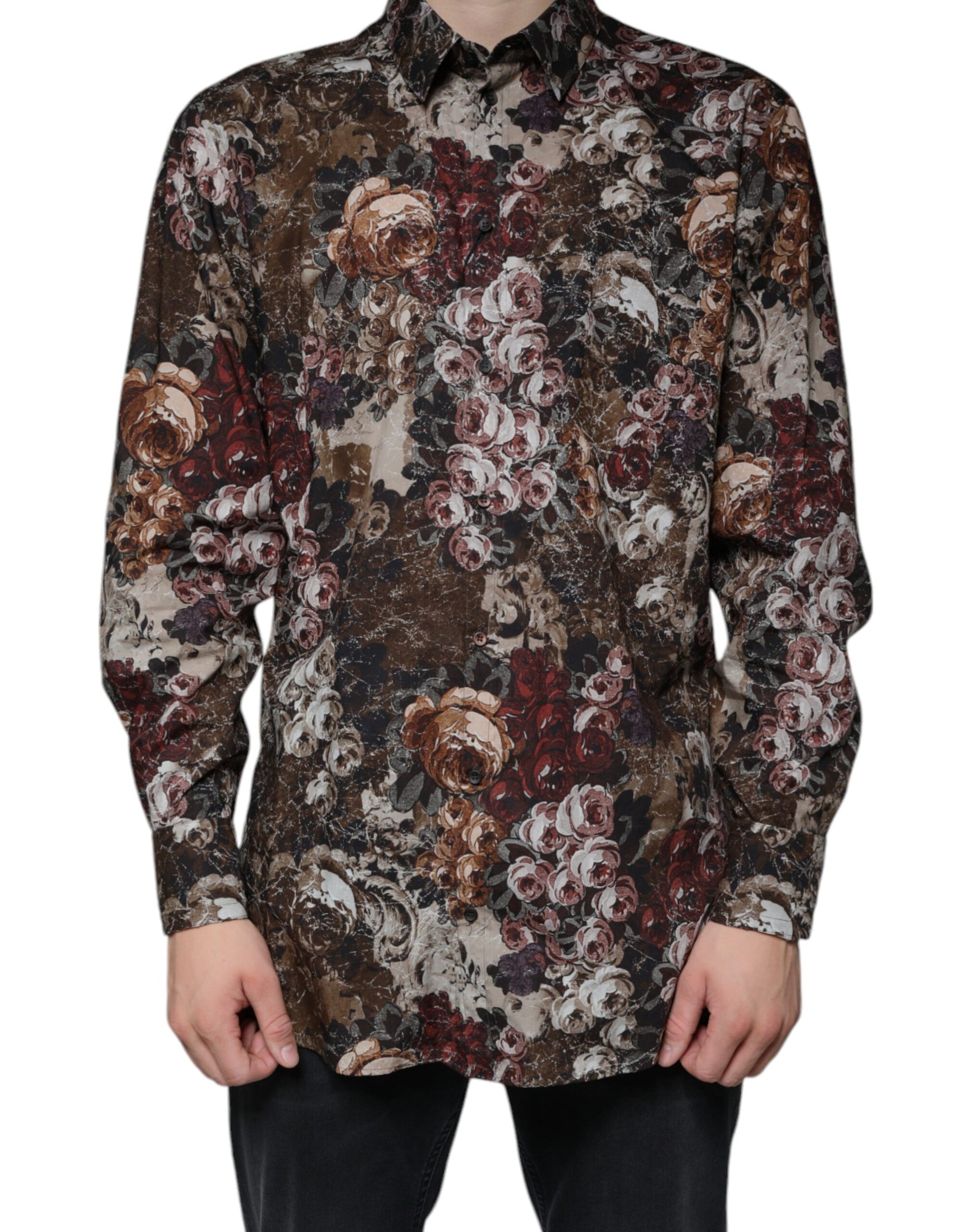 Dolce & Gabbana Multicolor Floral Cotton Men Dress GOLD Shirt