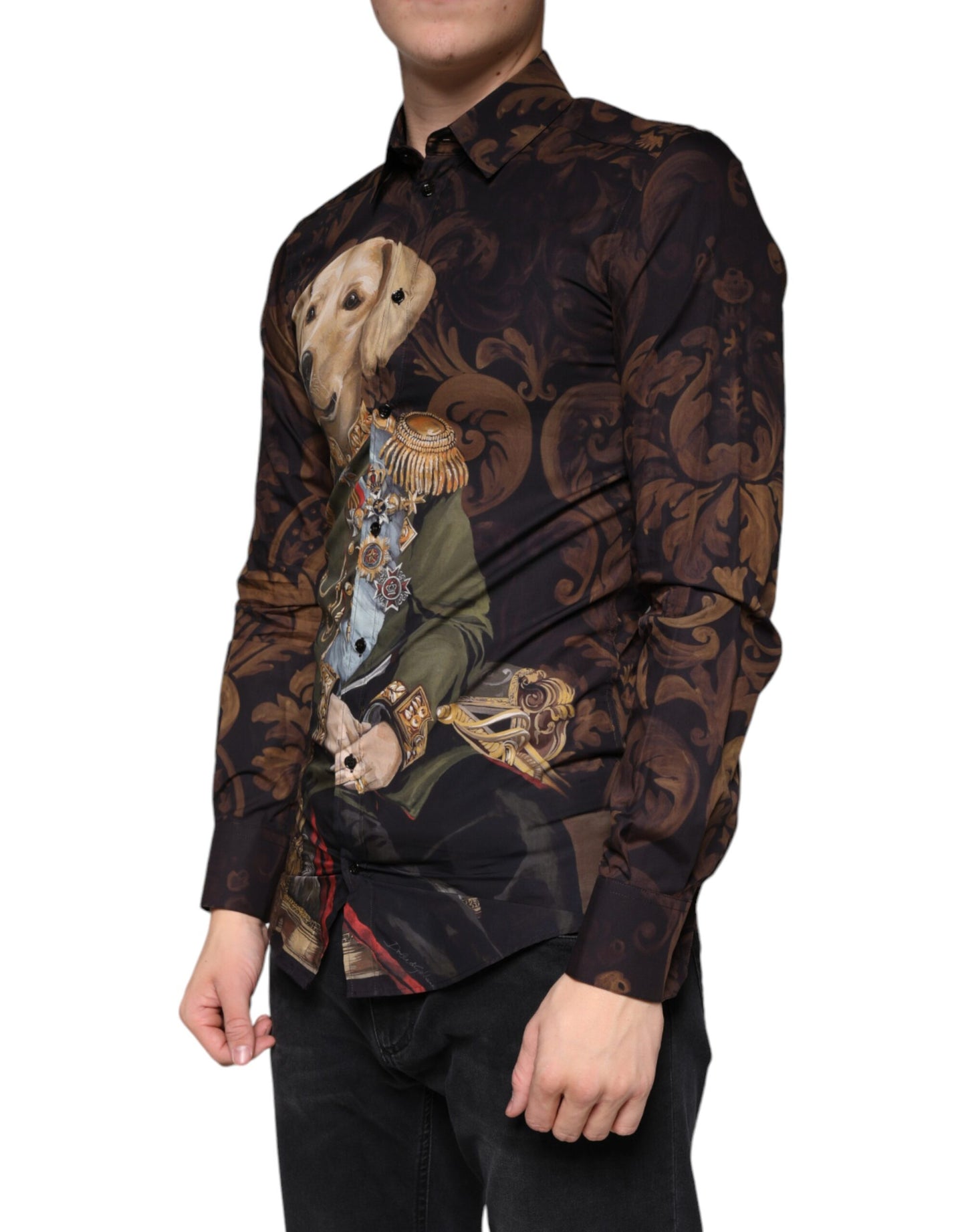 Dolce & Gabbana Multicolor Dog Cotton Men Dress GOLD Shirt