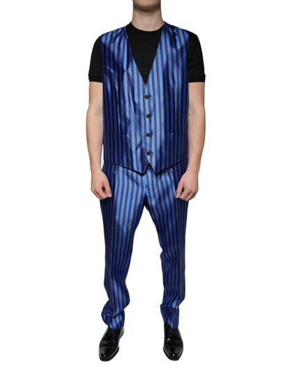 Dolce & Gabbana Metallic Blue Stripes Formal 3 Piece Suit