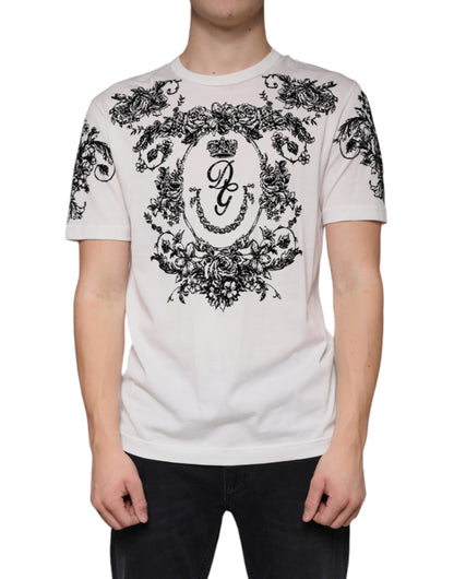 Dolce & Gabbana White DG Crown Floral Crew Neck Cotton T-shirt