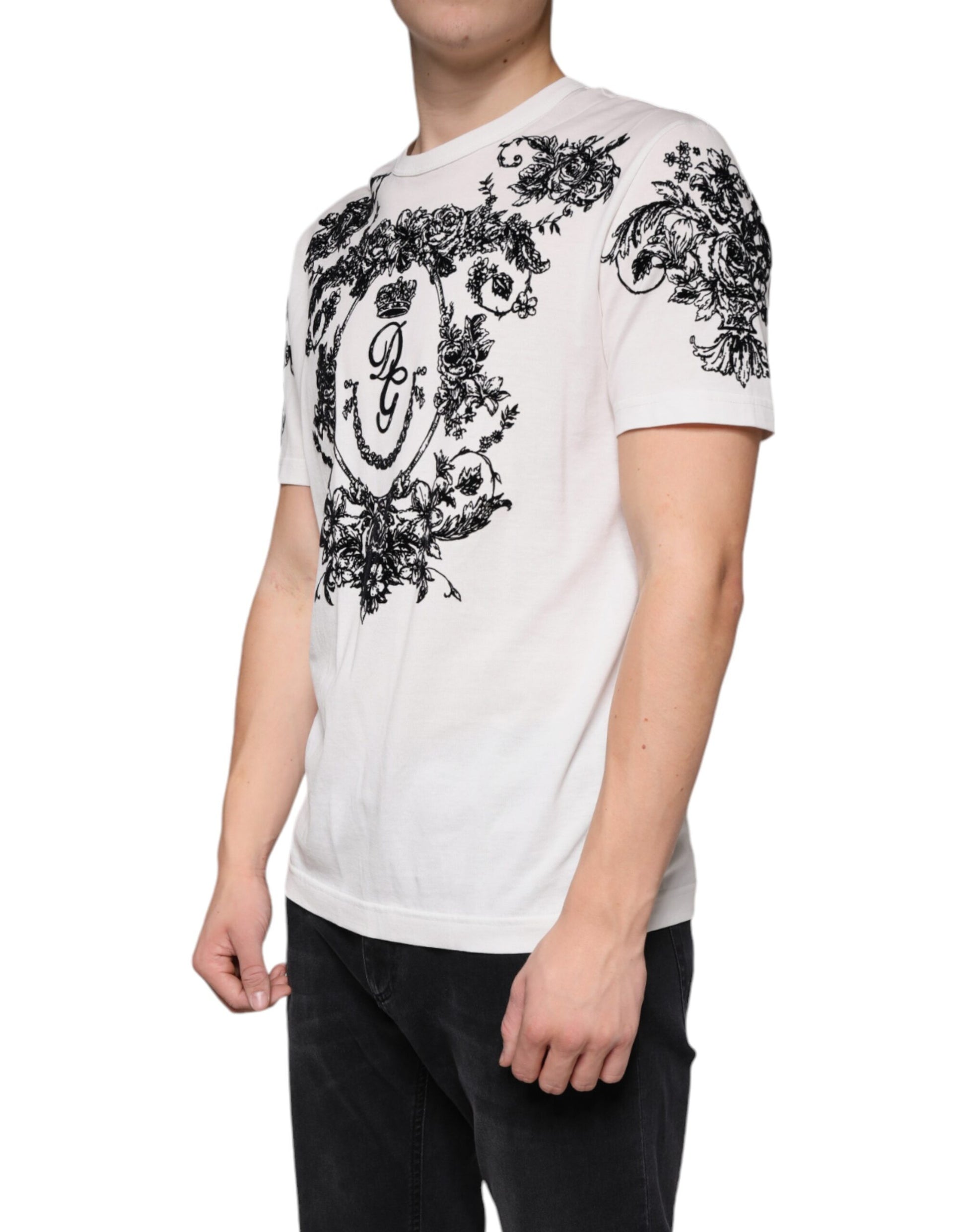 Dolce & Gabbana White DG Crown Floral Crew Neck Cotton T-shirt