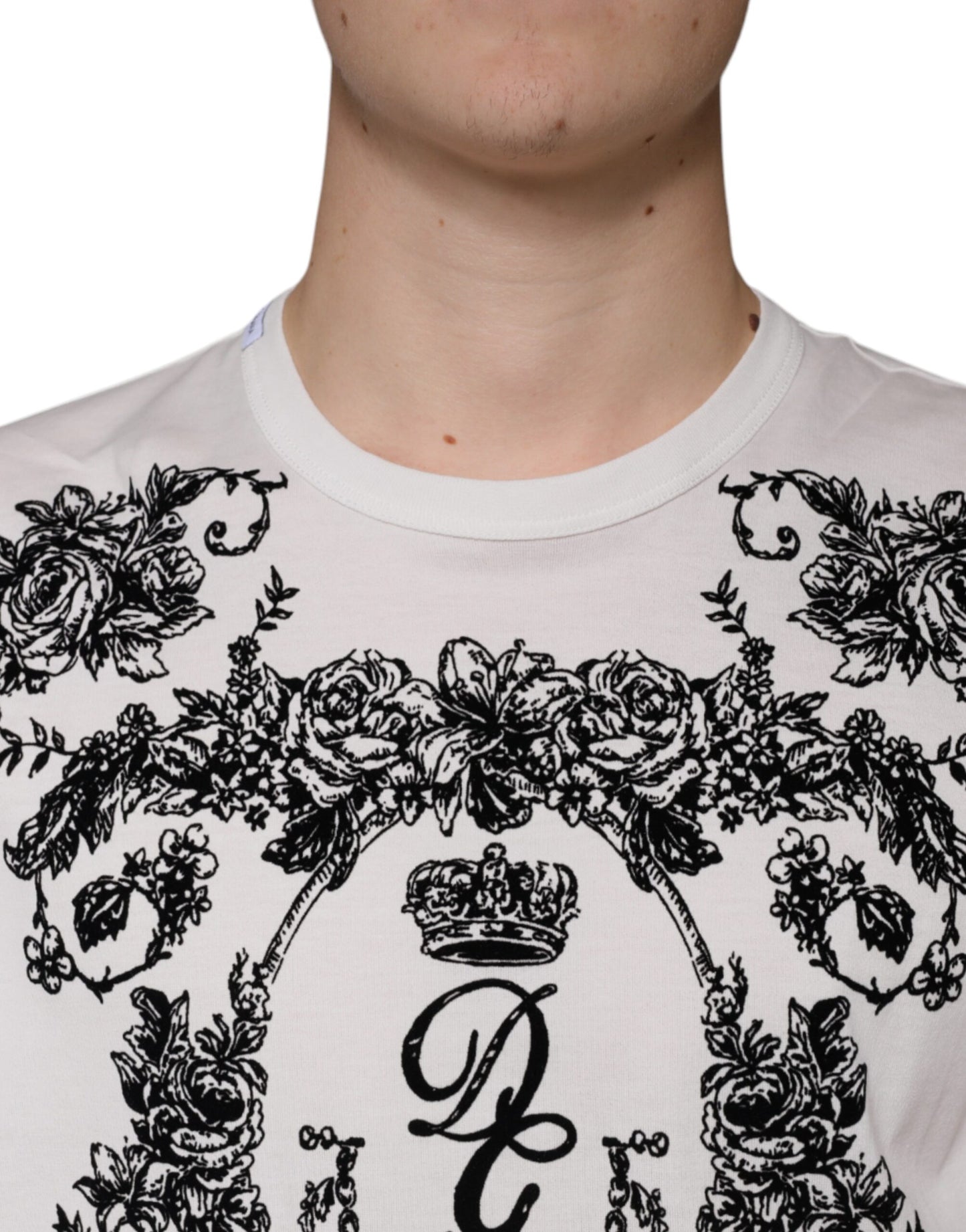 Dolce & Gabbana White DG Crown Floral Crew Neck Cotton T-shirt