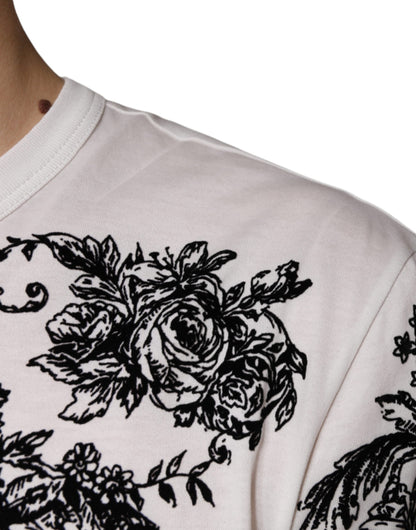 Dolce & Gabbana White DG Crown Floral Crew Neck Cotton T-shirt