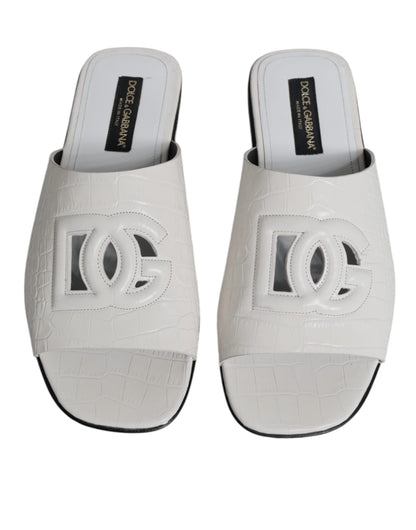 Dolce & Gabbana White DG Cut Out Leather Slides Sandals Shoes