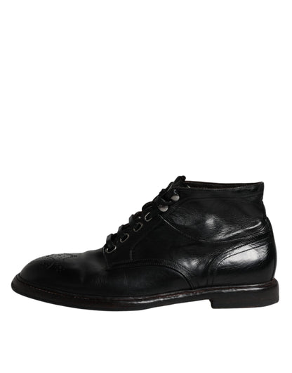 Dolce & Gabbana Black Leather Men Short Boots Lace Up Shoes