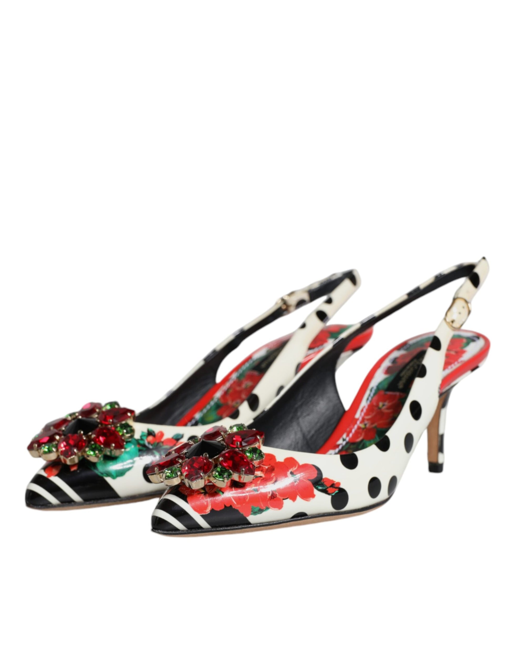 Dolce & Gabbana Multicolor Leather Crystal Heels Slingback Shoes