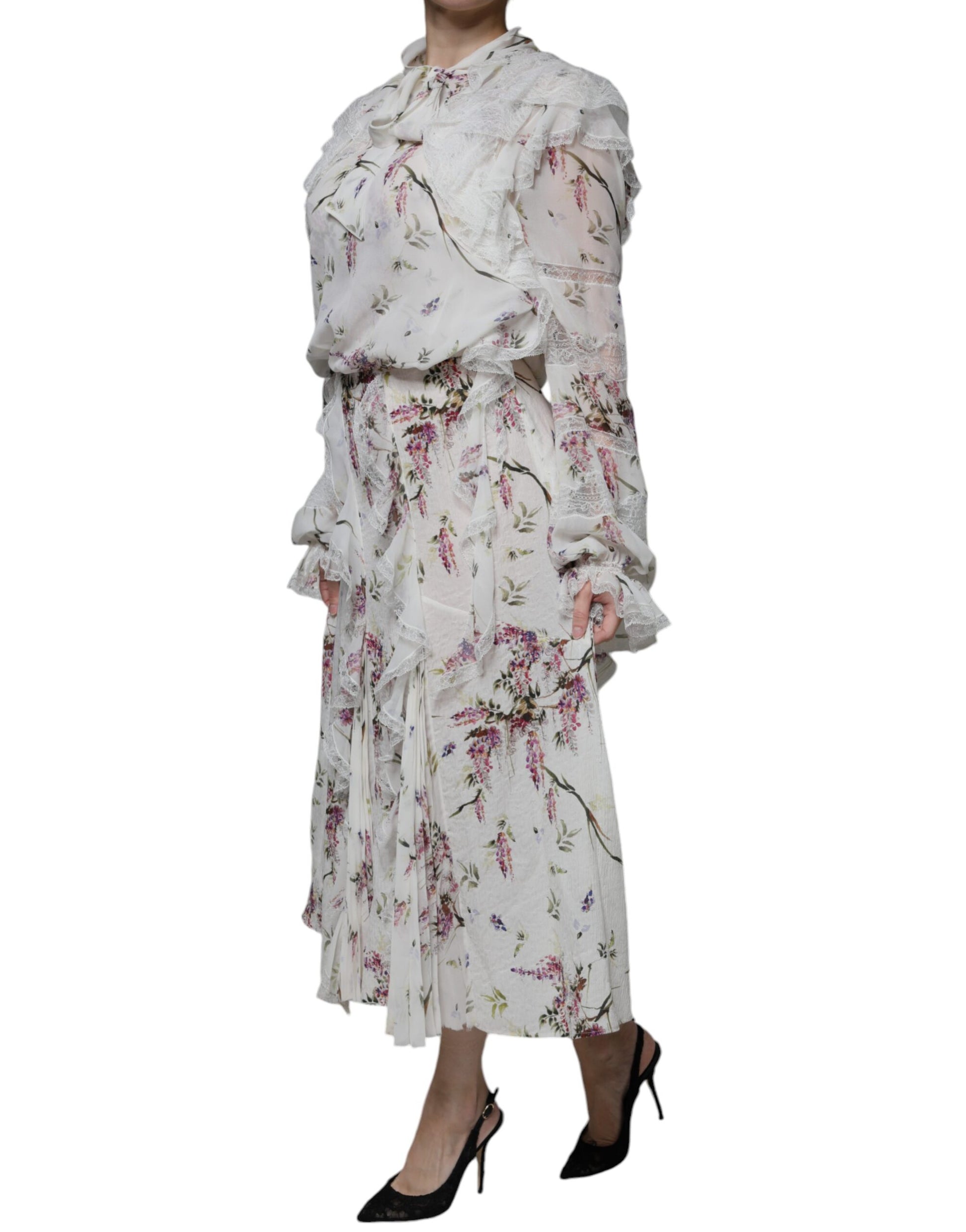 Ermanno Scervino White Floral Ruffles Lace Long Sleeves Maxi Dress