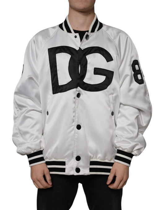 Dolce & Gabbana White Polyester Logo Full Zip Bomber Jacket