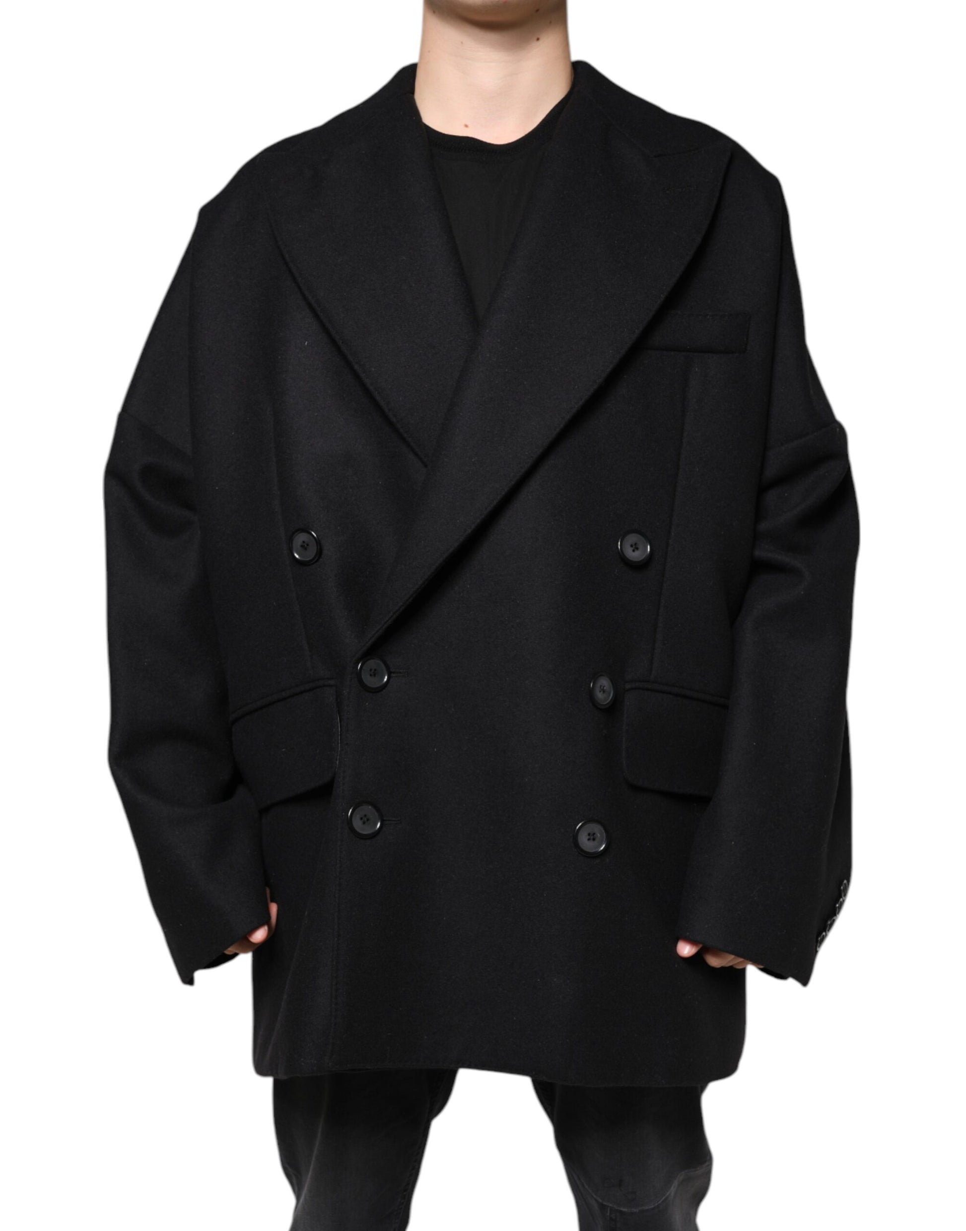 Dolce & Gabbana Black Wool Double Breasted Men Coat Jacket